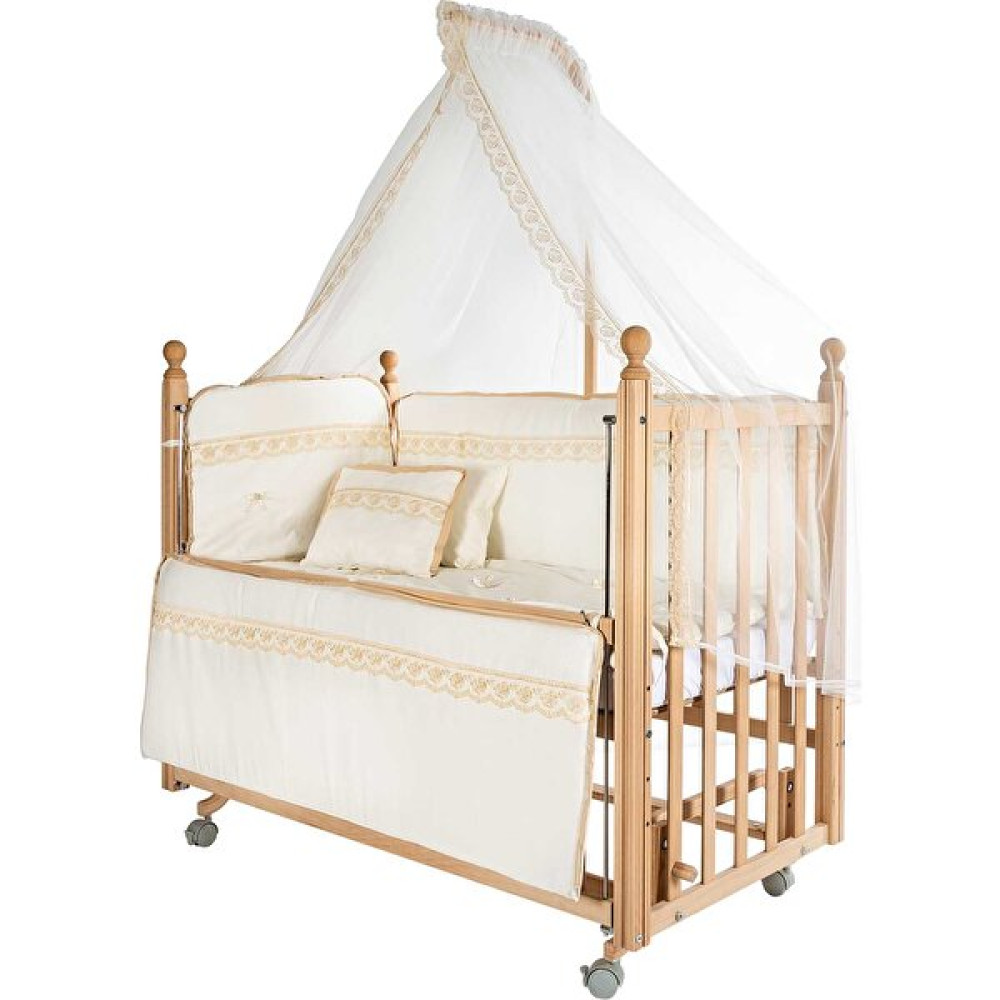 Baby Tech Klasik Anne Yanı 60X120 Kademeli Naturel Beşik - Tekerlekli + Kahve Fransız Dantel Uyku Seti - Ahşap Beşik Fiyatı