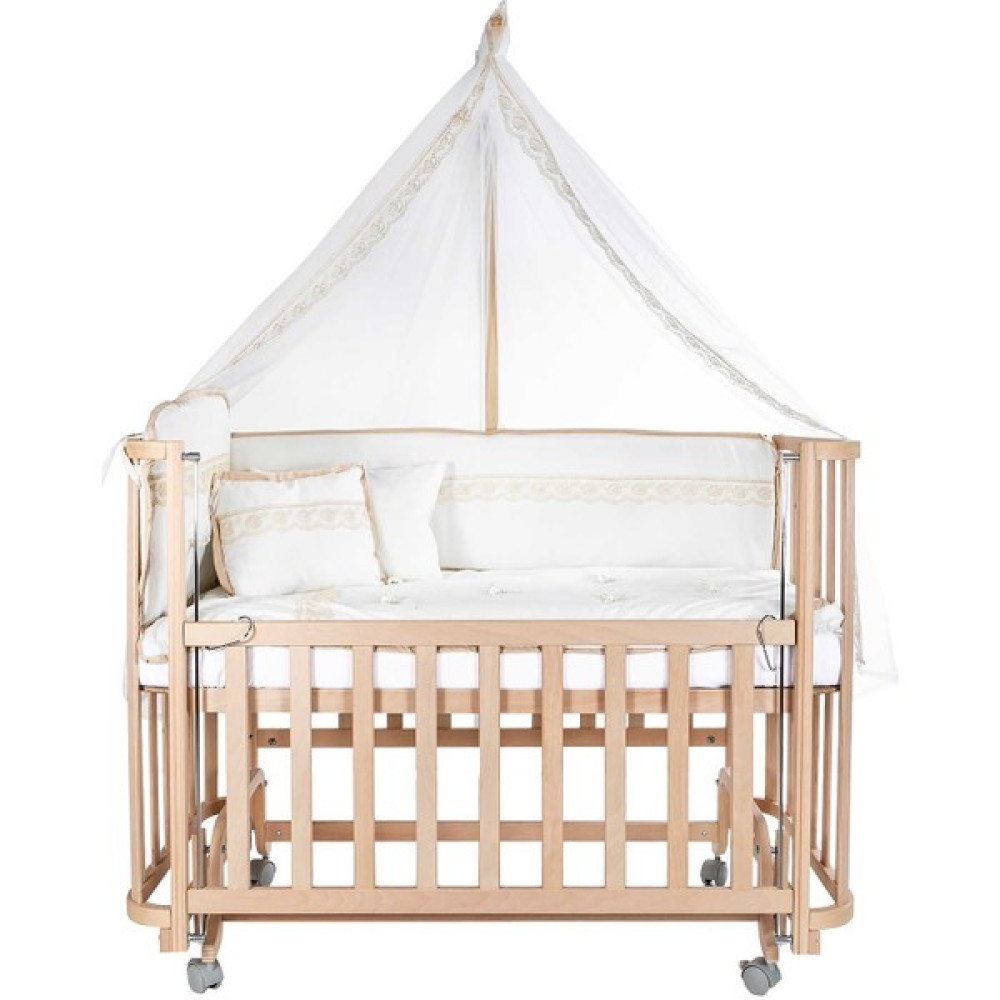 Baby Tech Modern Anne Yanı 60X120 Naturel Beşik - Tekerlekli + Kahve Fransız Dantelli - Ahşap Beşik Fiyatı