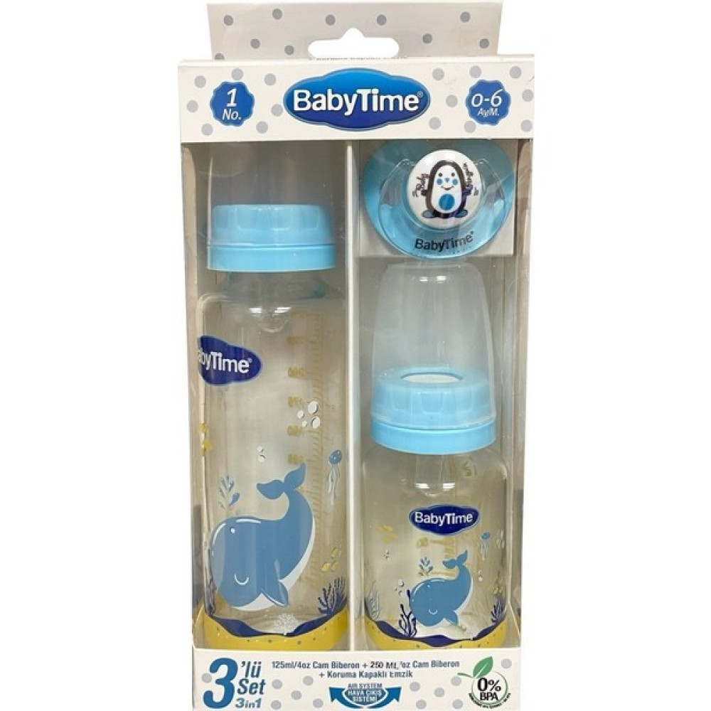 Baby Time BT207 3lü Cam Biberon Seti 0 - 6 Ay - Mavi Biberon Fiyatı