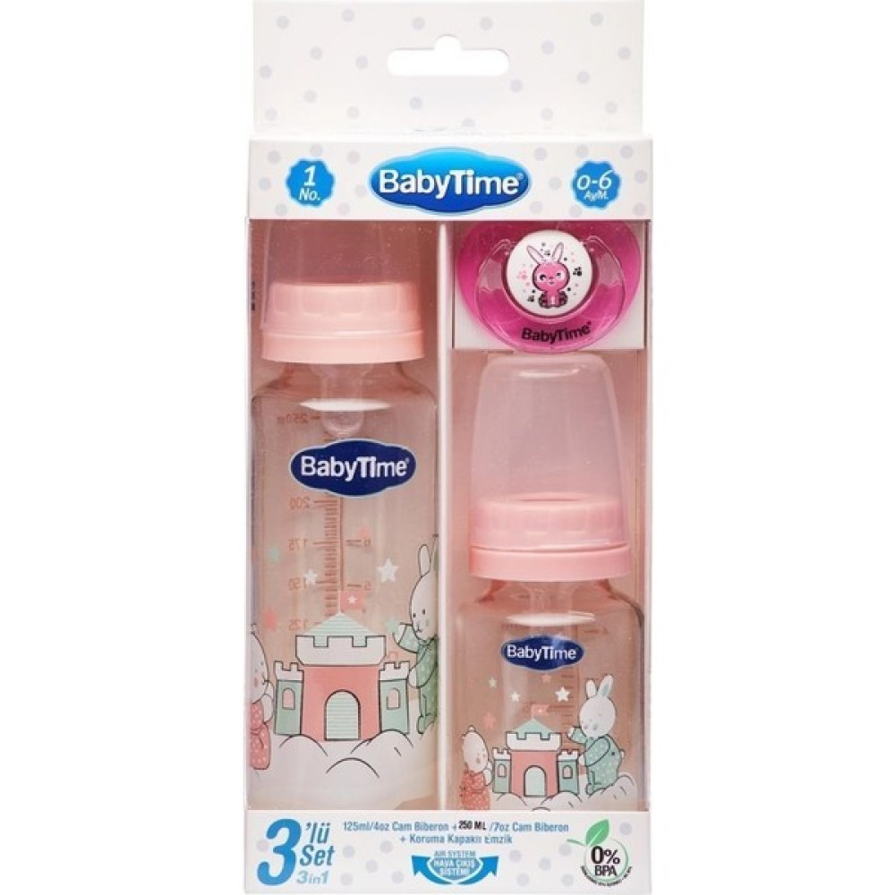 Baby Time BT207 3lü Cam Biberon Seti 0-6 Ay - Pembe Biberon Fiyatı
