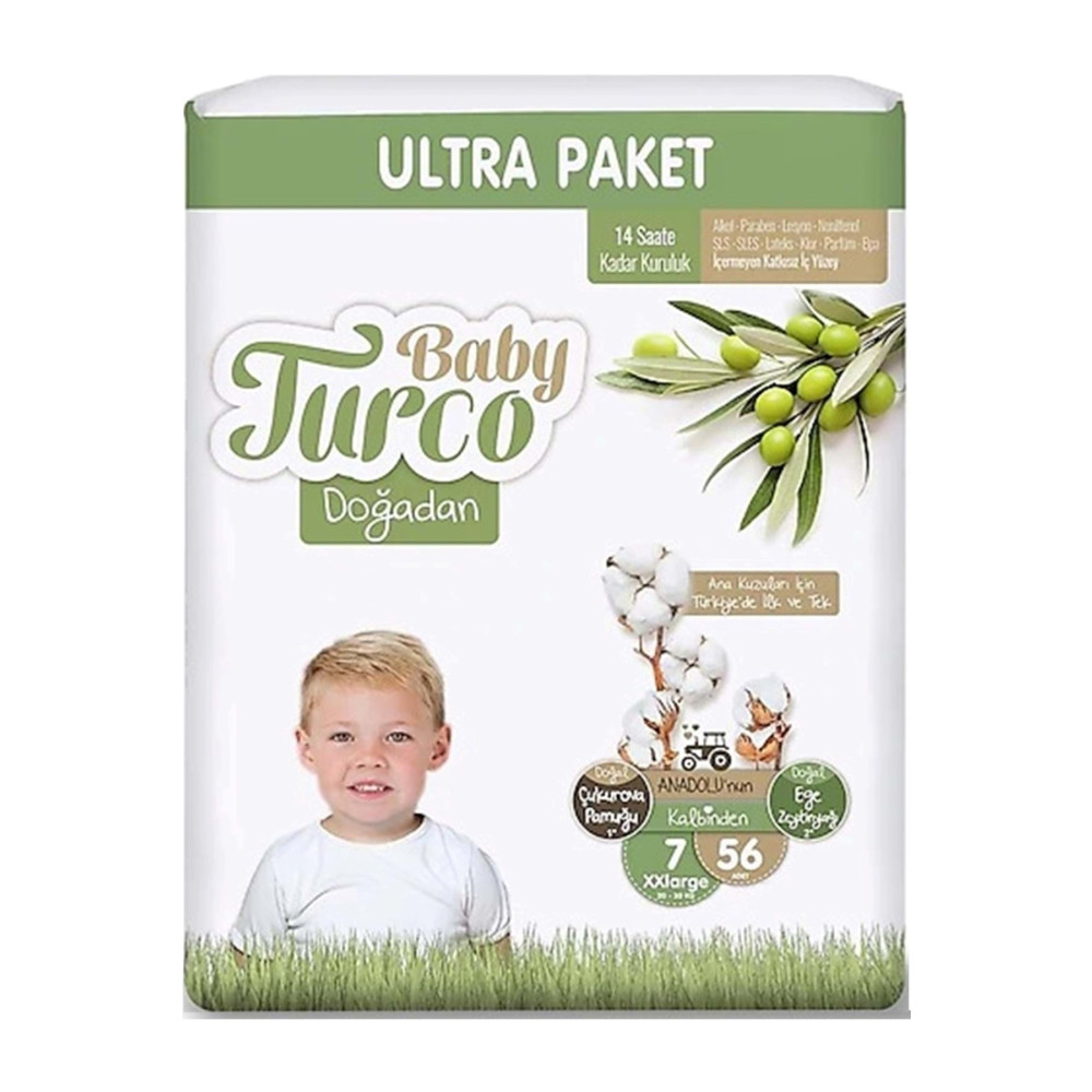 Baby Turco Bebek Bezi Doğadan Beden:7 (20-30Kg) XXLarge 56 Adet Ultra Pk Bebek Bezi Fiyatı