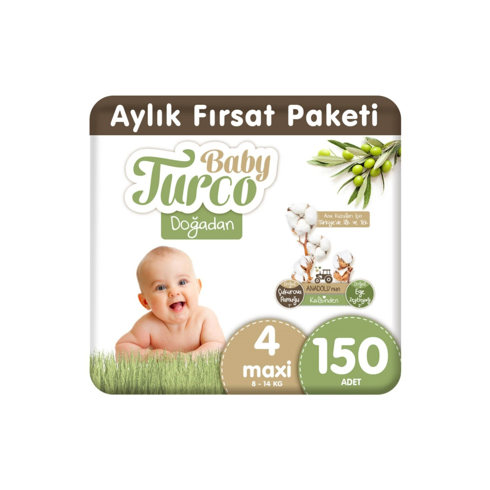 Baby Turco Doğadan 4 Numara Maxi 150 Adet 8-14 Kg Bebek Bezi Fiyatı