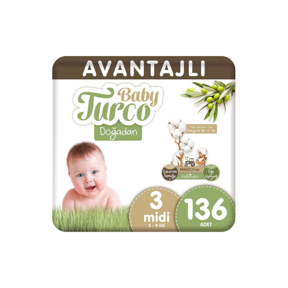 Baby Turco Doğadan Avantajlı Bebek Bezi 3 Numara Midi 136 Adet Bebek Bezi Fiyatı