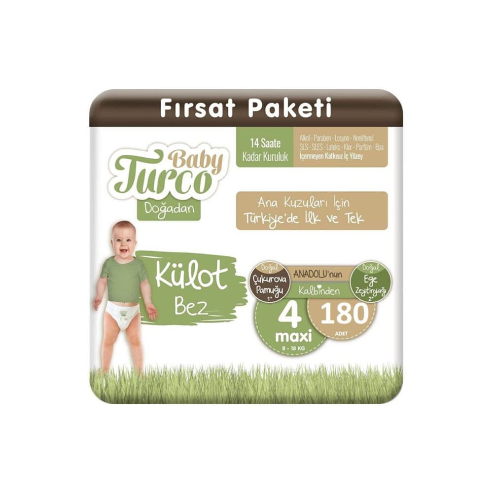 Baby Turco Doğadan Külot Bebek Bez 4 Numara Maxi 180 Adet 8-18 Kg Bebek Bezi Fiyatı