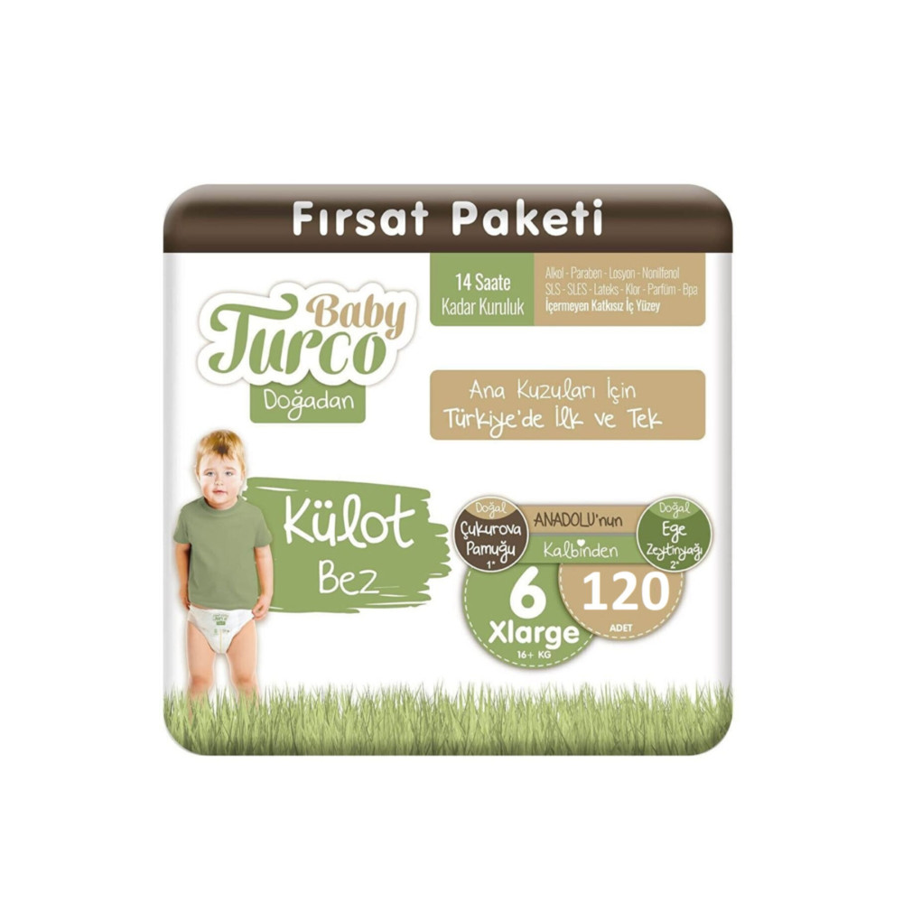 Baby Turco Doğadan Külot Bez 6 Numara Xlarge 120 Adet 16+kg Bebek Bezi Fiyatı
