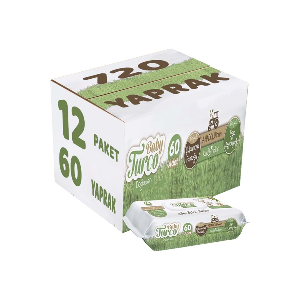 Baby Turco Islak Havlu Mendil Yenidoğan 60 Yaprak Doğadan 12 Li Set (4pk*3) 720 Yaprak Pls Kapaklı Bebek Mendil-Islak Mendil Fiyatı