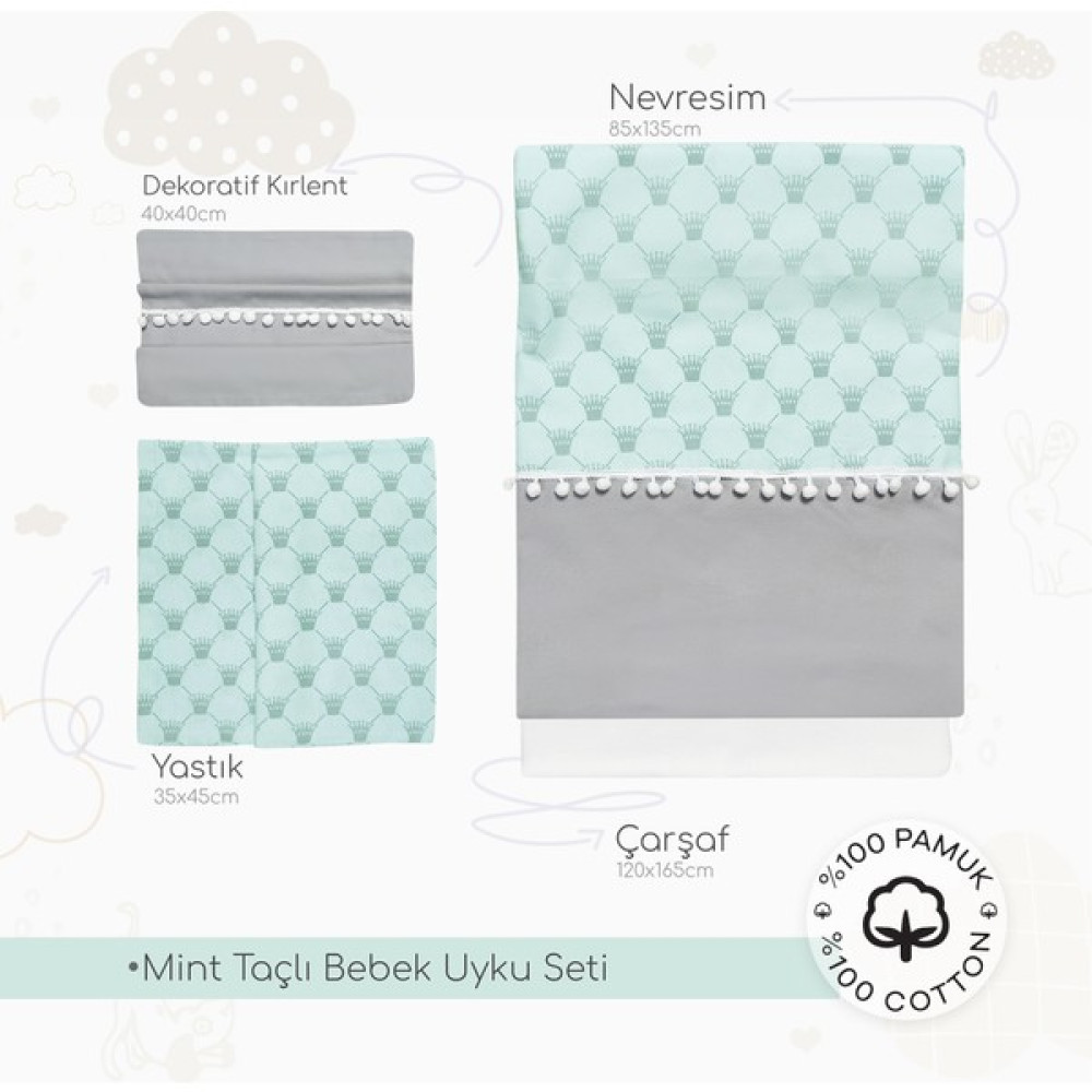 Baby West Desenli Bebek Uyku Seti Bebek Nevresim Takımı Modelleri Bebek Uyku Seti - Mint - 80 x 130 cm Bebek Uyku Seti Fiyatı