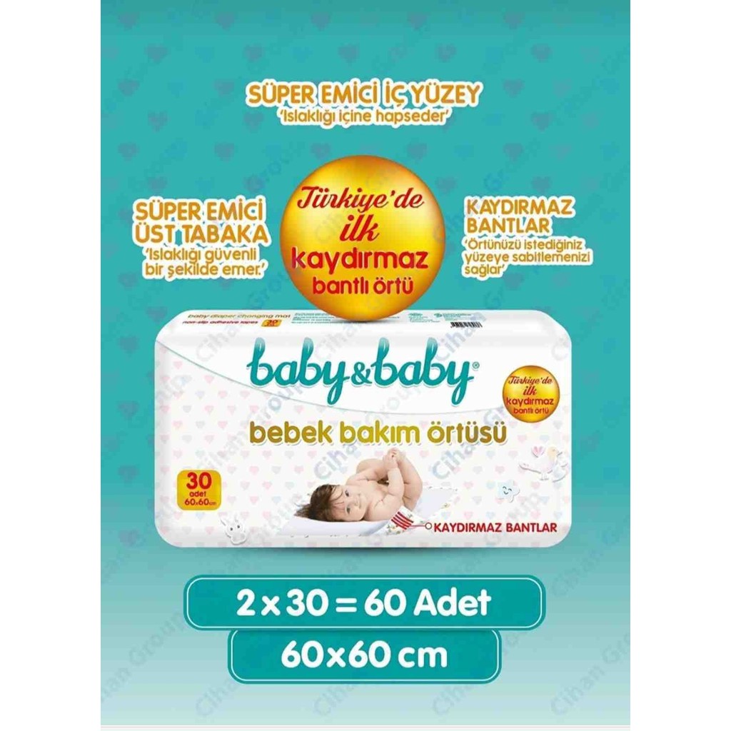 Baby&Baby 60 x 60 cm Bebek Bakım Örtüsü 2 Paket 30 Adetli Süper Emici Kaydırmaz Bantlı Diğer Fiyatı