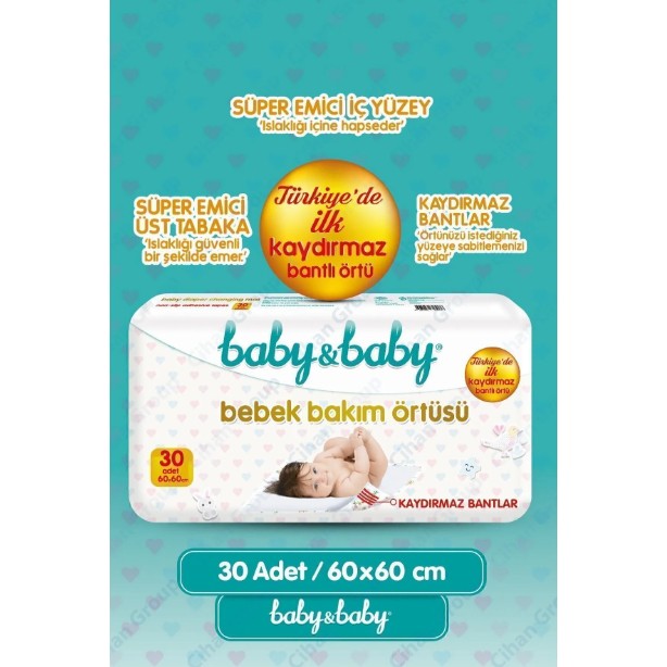 Baby&Baby 60X60CM Kaydırmaz Bantlı Bebek Bakım Örtüsü 30 Adet Süper Emici Özellikli Diğer Fiyatı