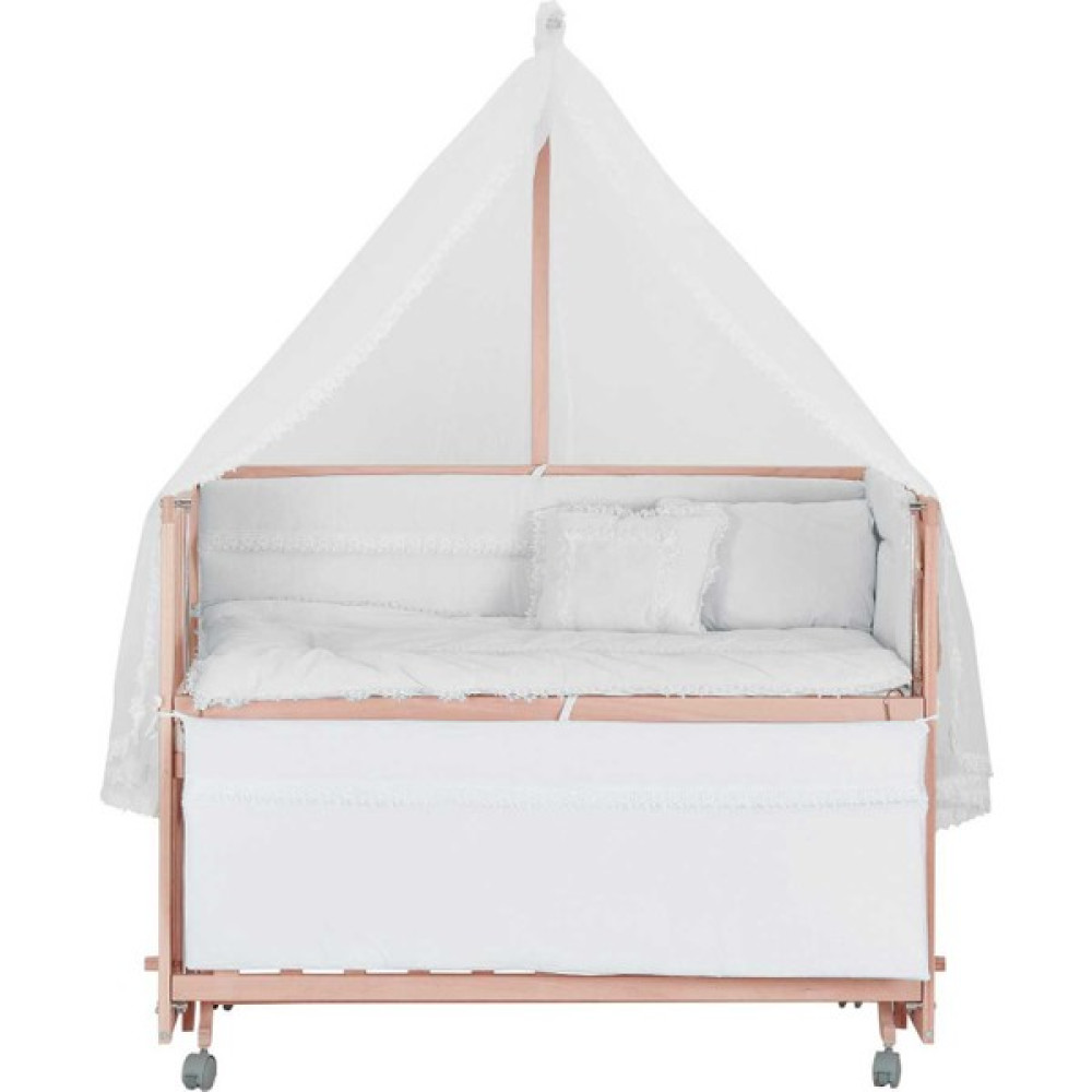 Babycom Anne Yanı Doğal Boyasız Ahşap Kademeli Beşik 70 x 130 cm - Tekerlekli + Beyaz Uyku Seti Beşik Fiyatı