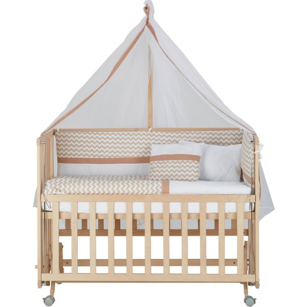 Babycom Anne Yanı Doğal Boyasız Ahşap Kademeli Beşik 70 x 130 cm - Tekerlekli + Kahverengi Zikzak Uyku Seti Beşik Fiyatı