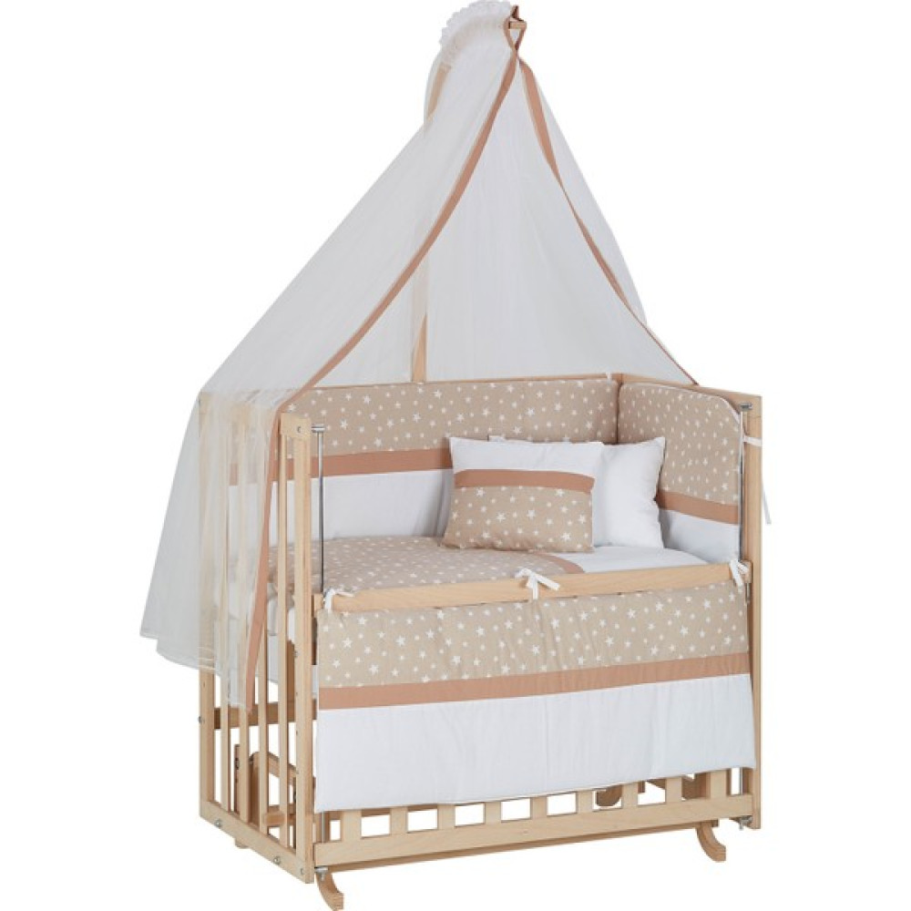 Babycom Anne Yanı Naturel Boyasız 50 x 90 cm Ahşap Beşik + Kahve Yıldızlı Uyku Seti - Kahverengi Beşik Fiyatı