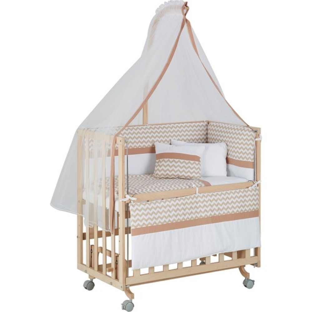 Babycom Anne Yanı Naturel Boyasız 50 x 90 cm Ahşap Beşik - Tekerlekli + Kahve Zikzak Uyku Seti - Kahverengi Beşik Fiyatı