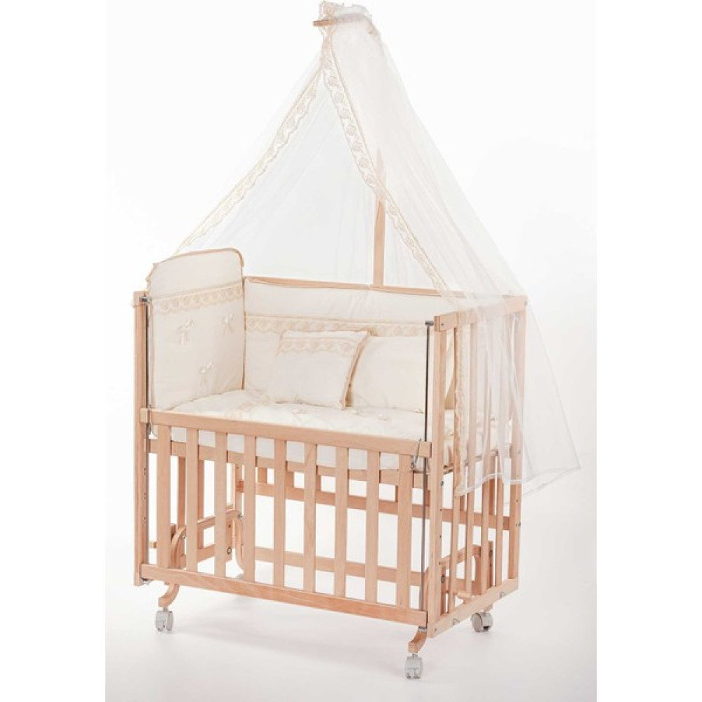 Babycom Anne Yanı Naturel Boyasız 50*90 Ahşap Beşik - Tekerlekli + Kahve Fransız Dantelli Uyku Seti Beşik Fiyatı