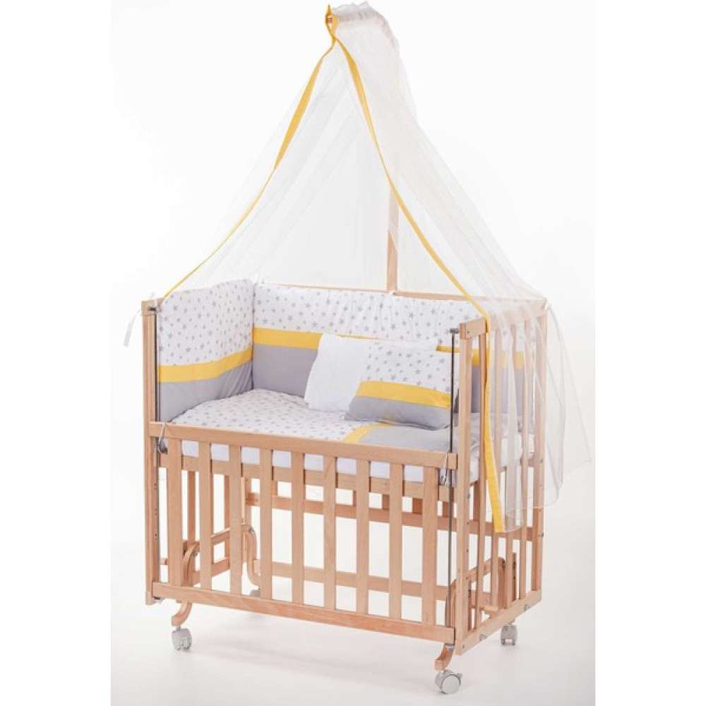 Babycom Anne Yanı Naturel Boyasız 50X90 Ahşap Beşik - Tekerlekli + Sarı Biyeli Uyku Seti Beşik Fiyatı