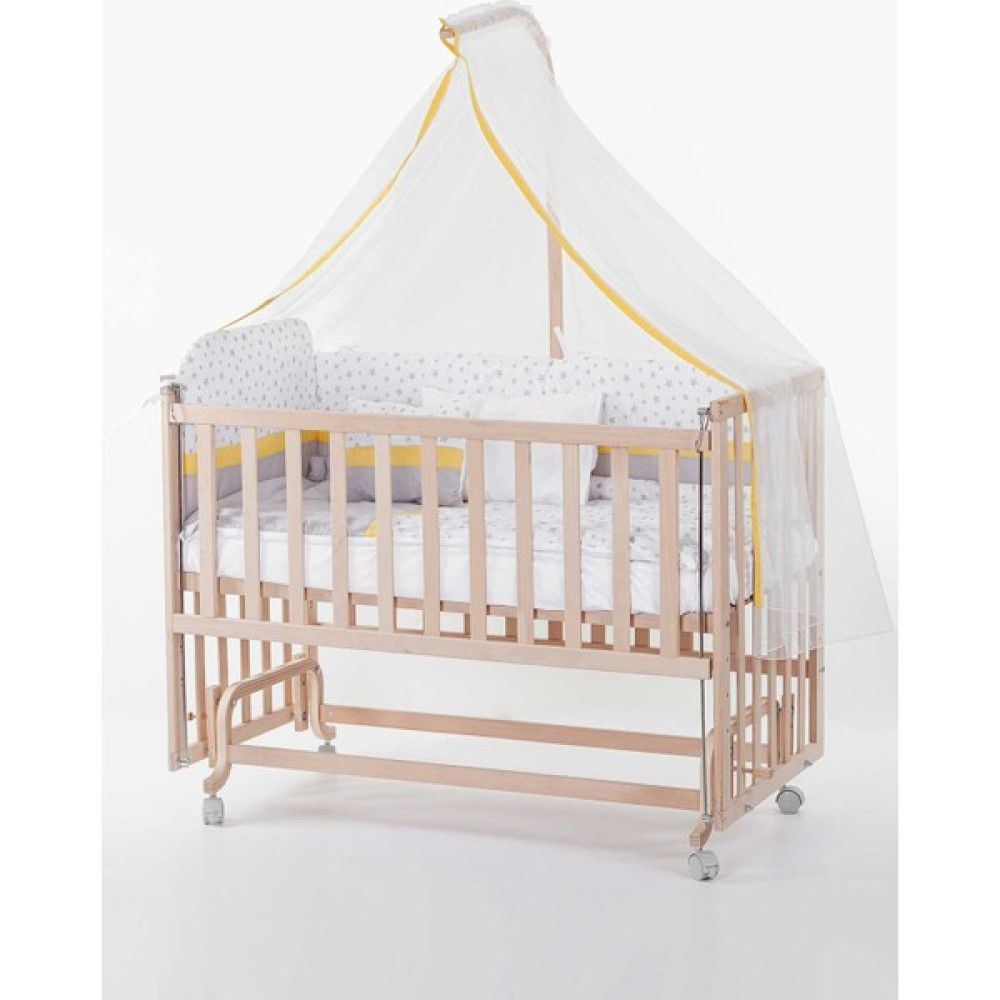 Babycom Anne Yanı Naturel Tekerlekli 60*120 Ahşap Beşik + Sarı Biyeli Uyku Seti Beşik Fiyatı