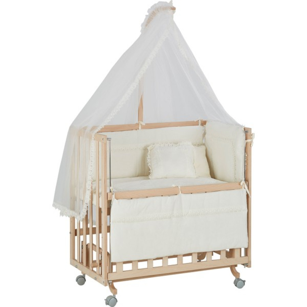 Babycom Naturel Boyasız 50 x 90 Anne Yanı 4 Kademeli Ahşap Beşik - Tekerlekli + Krem Uyku Seti Beşik Fiyatı