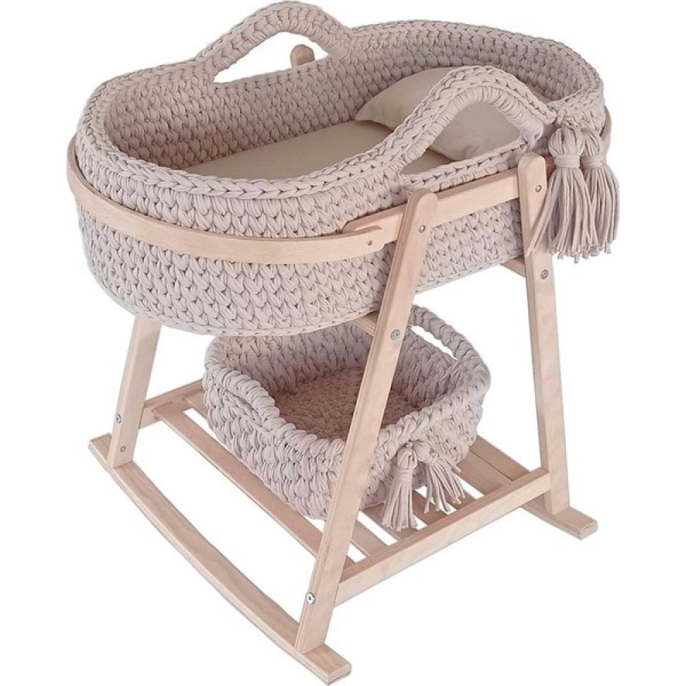 Babycom Naturel Izgaralı Ahşap Çemberli Beşik Standı + Bej Örgü Sepet Beşik Fiyatı