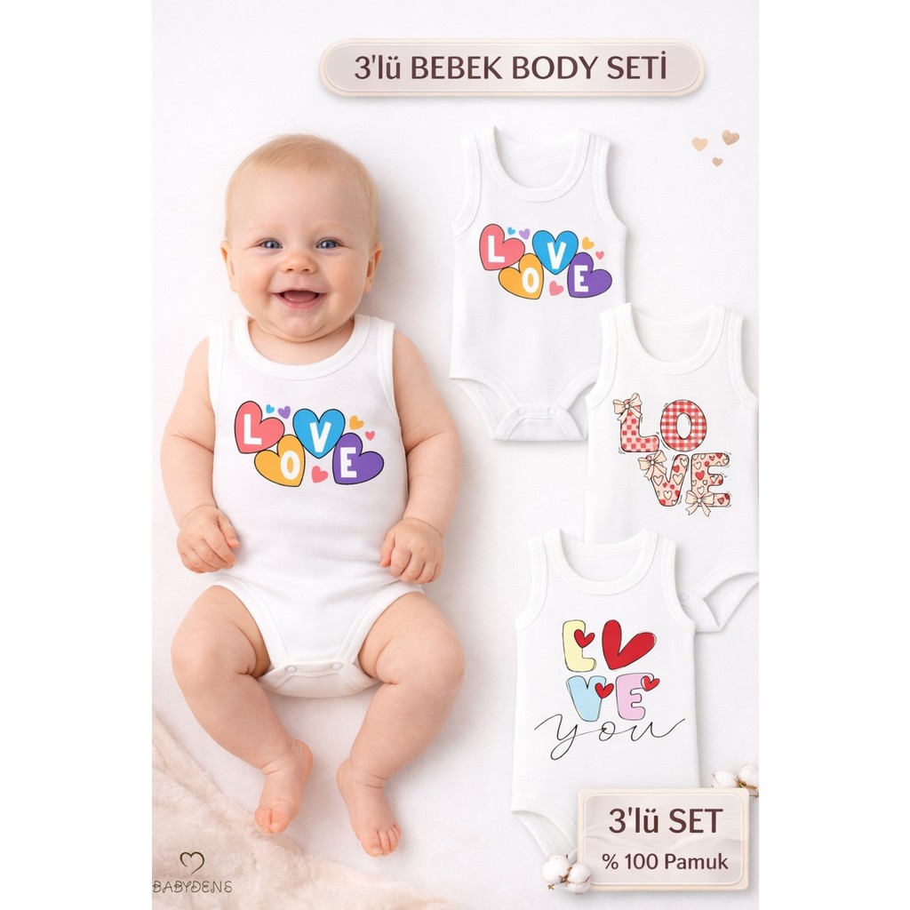 Babyden's 3’lü Bebek Body Seti %100 Pamuk | Love Baskılı Atlet Body | Yenidoğan & Bebek Iç Giyim | 0-24 Ay Giyim & İç Giyim Fiyatı