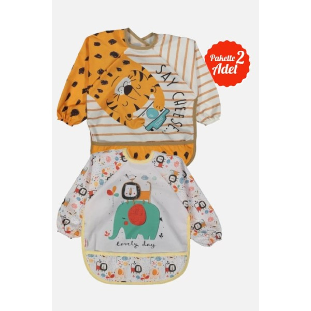 Babydonat Giyilebilir Kollu Mama Önlüğü 0-2 Yaş (Kaplan-Safari) - Sarı - Turuncu - Ekru - 0 - 2 Yaş Mama Önlüğü Fiyatı