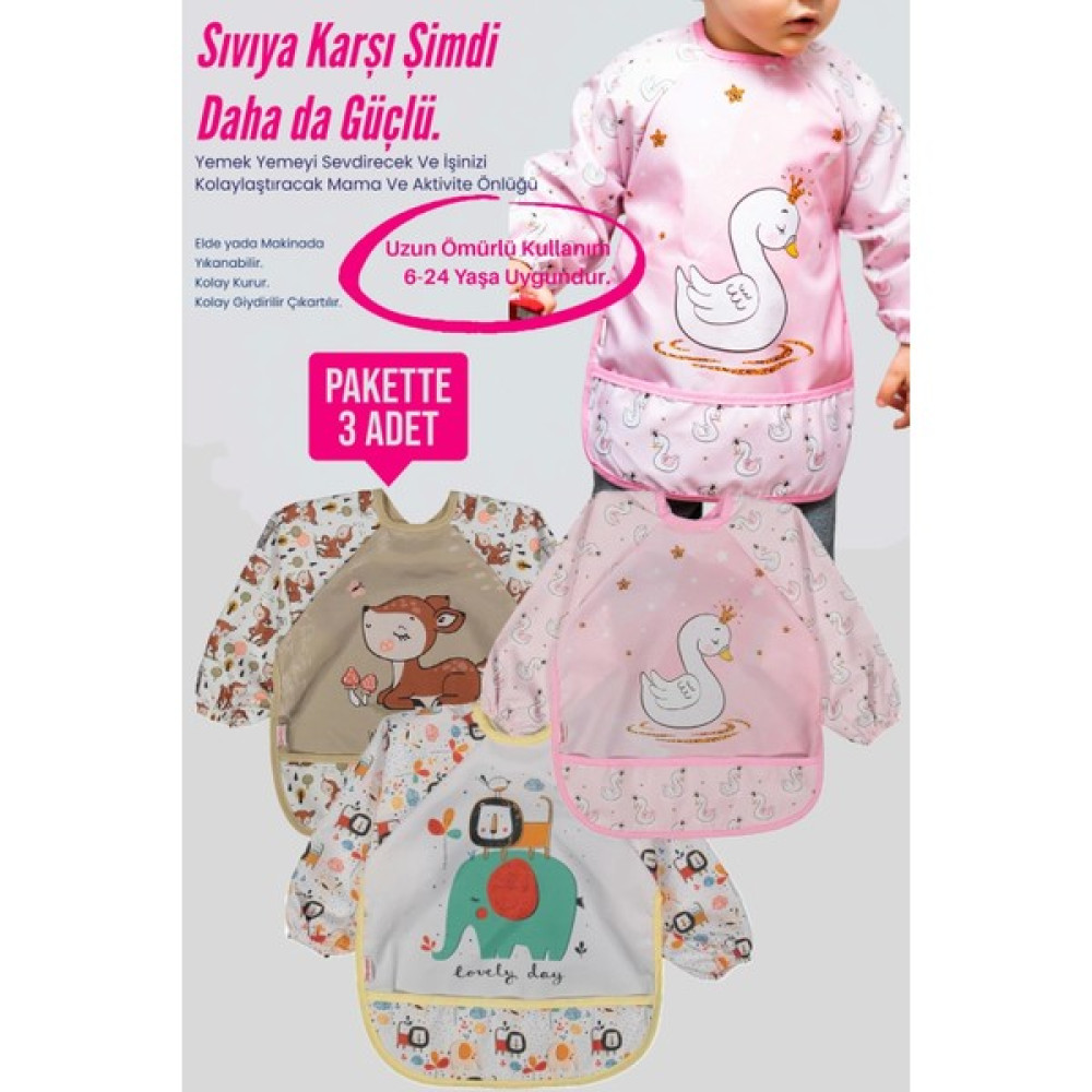 Babydonat Hayvan Figürlü Sıvı Geçirmez 3'lü Paket Uzun Kollu Mama Önlüğü - Turuncu - Pembe - Standart Mama Önlüğü Fiyatı