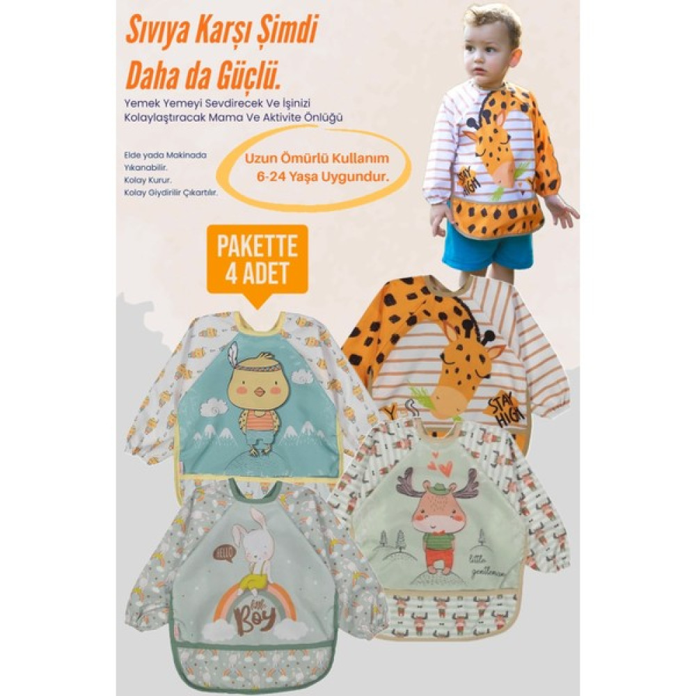 Babydonat Hayvan Figürlü Sıvı Geçirmez 4'lü Paket Uzun Kollu Mama Önlüğü - Turuncu - Standart Mama Önlüğü Fiyatı