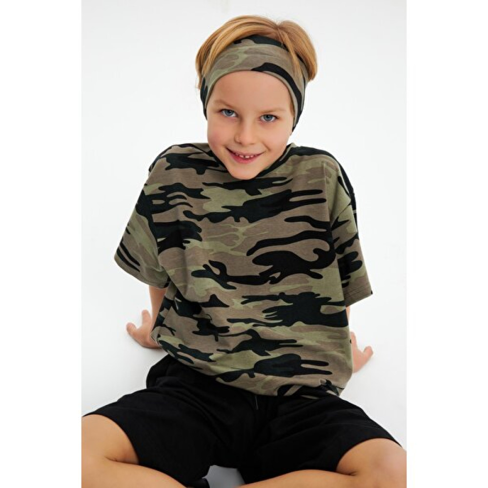 Babygiz Kamuflaj-Kamuflaj Erkek Çocuk Pamuklu Penye Oversize Kamuflaj T-Shirt Bandana İkili Takım Erkek Çocuk Giyim Takımı Fiyatı