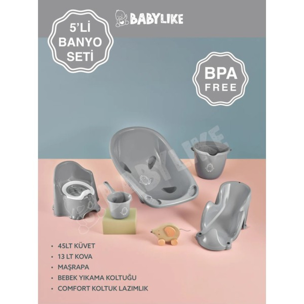 Babylike 5'li Bebek Seti- Küvet & lazımlık & bebek Yıkama Koltuğu & kova & maşrapa - Gri Bebek Banyo Küveti Fiyatı