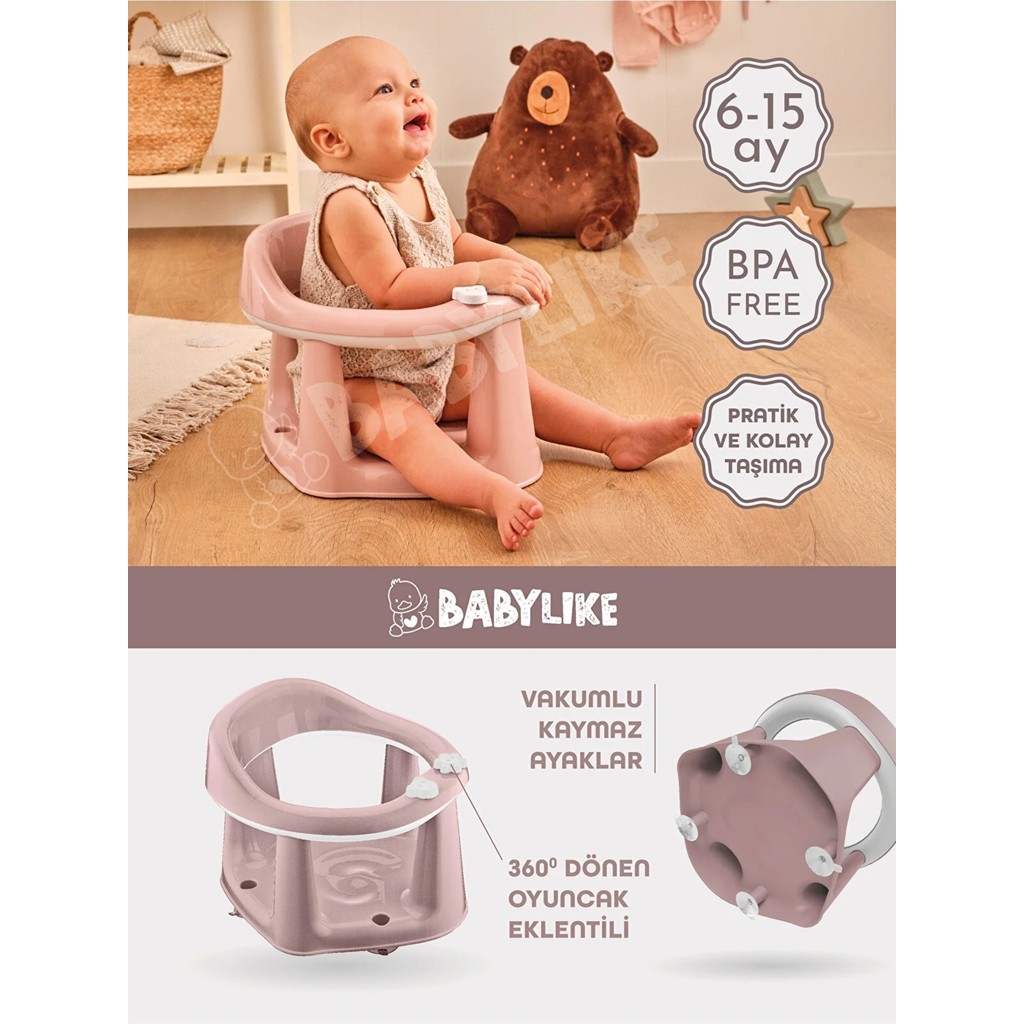 Babylike Bebek Banyo ve Mama Oturağı Vakumlu Kaymaz BPA Free Pembe Oyuncaklı 33,5x31,6x25cm Anne Bebek Oyuncak Fiyatı