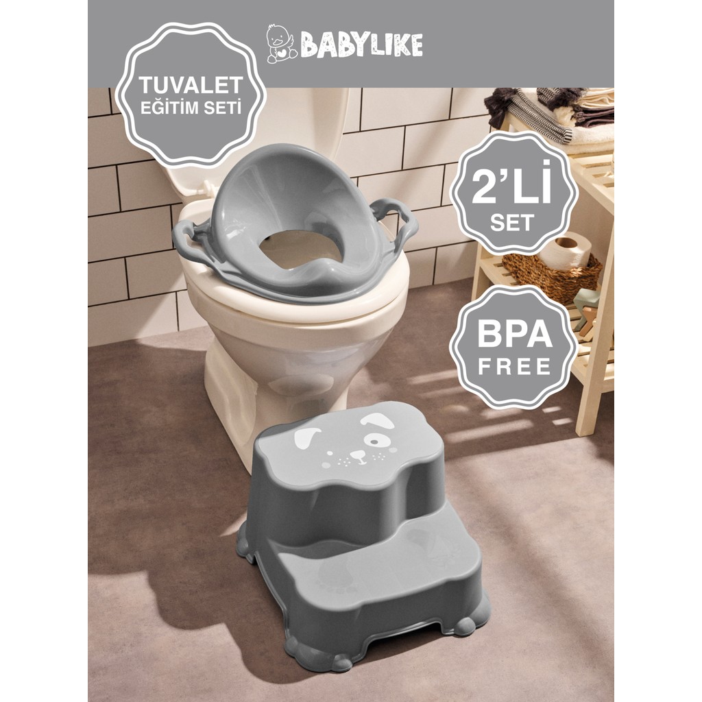Babylike Çocuklar Için Tuvalet Eğitim Seti- Kaydırmaz Katlı Basamak ve Kulplu Klozet Adaptörü&koltuğu - Gri Diğer Fiyatı