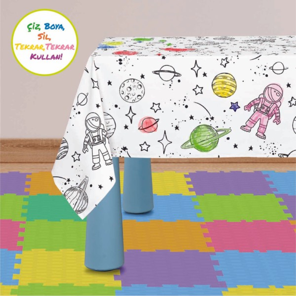 Baby'ness Boyanabilir Silinebilir Masa Örtüsü Elyaf Astarlı Muşamba 100X140cm Pvc Sıvı Geçirmez Leke Tutmaz Uzay Yolu - 110 x 140 cm - Renkli Masa Örtüsü Fiyatı