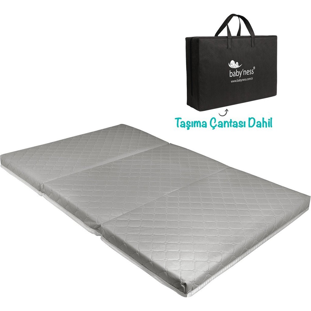 Baby'ness Katlanır Bebek Yatağı Çantalı Taşınabilir Oyun Parkı Yatağı Sıvı Geçirmez Leke Tutmaz - 60 x 120 x 5 cm - Gri Bebek Yatağı Fiyatı