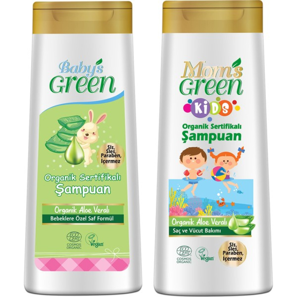 Baby's Green 2'li Mom's Green Kıds Organik Aloeveralı Çocuk Şampuanı ve Organik Bebek Şampuanı Seti 400ML x2 Bebek Şampuanı Fiyatı