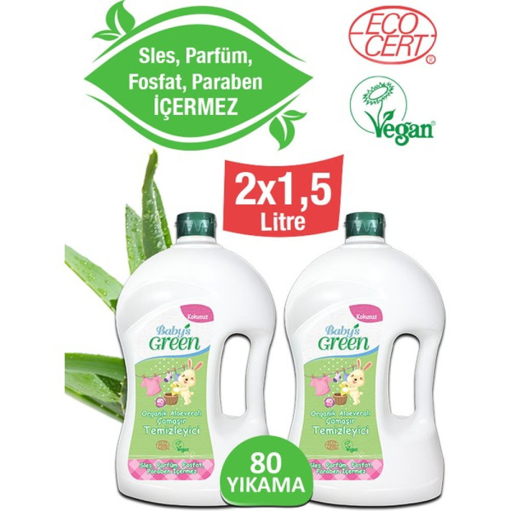 Baby's Green Organik Aloe Veralı Kokusuz Bebek Çamaşır Deterjanı 1,5 lt x 2 (80 Yıkama) Çamaşır Yıkama Fiyatı