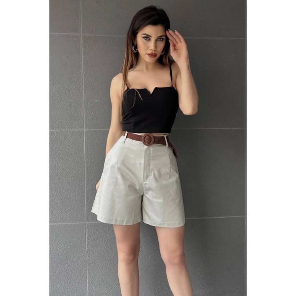 Bacc Bej Beli Kemerli Geniş Paçalı Mom Şort Bayan Şort Fiyatı
