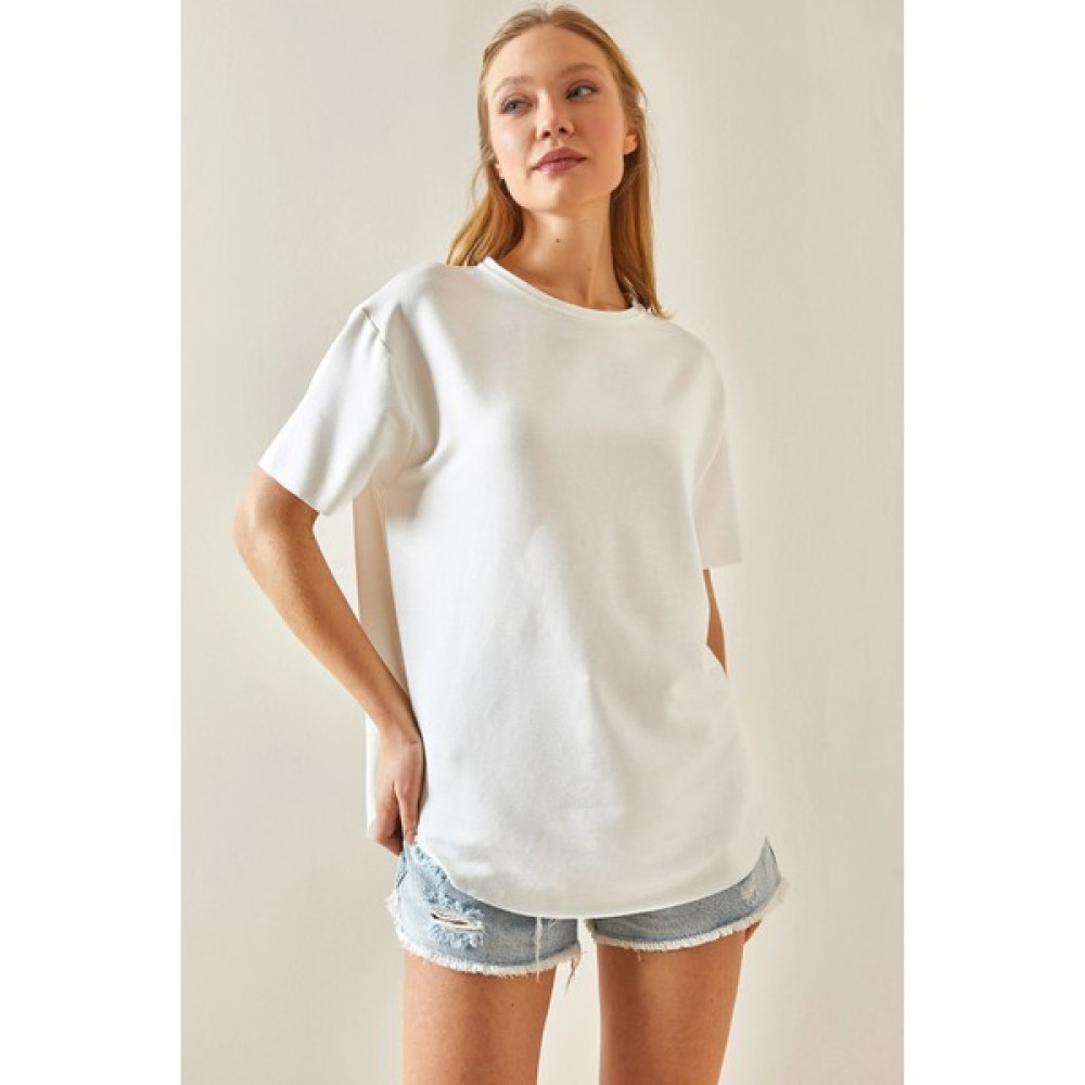 Bacc Beyaz Bisiklet Yaka Oys Modal Oval Kesim Yumuşak Dokulu Basic T-Shirt Bayan T-shirt Fiyatı