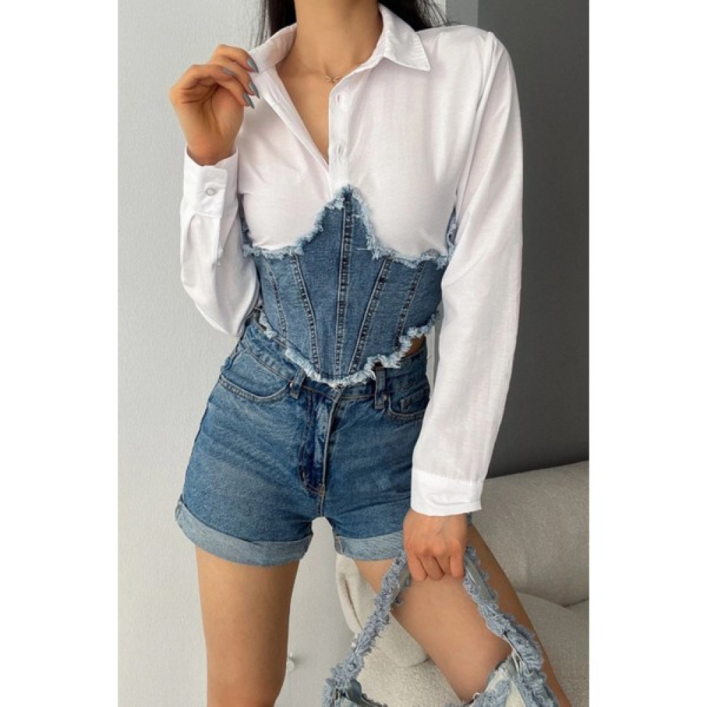 Bacc Beyaz Denim Bloklu Korseli Dokuma Gömlek Kadın Gömlek Fiyatı