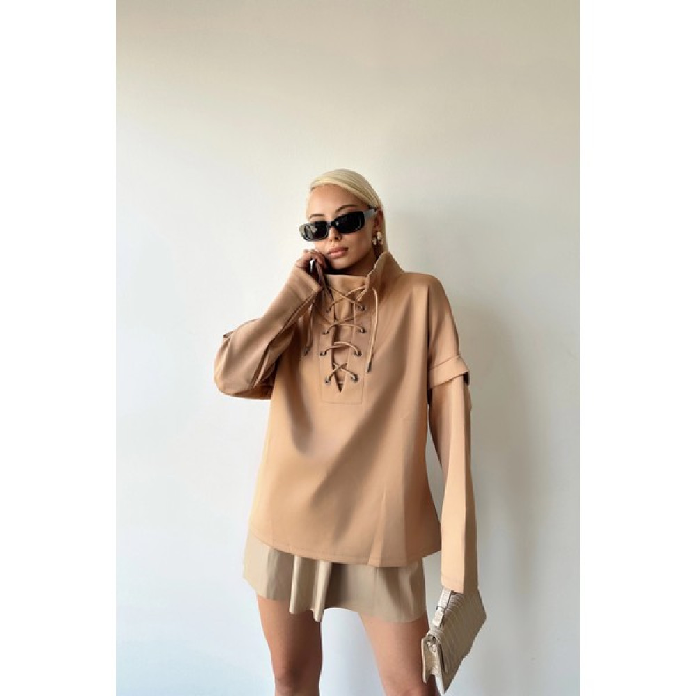 Bacc Bisküvi Dik Yaka Kuş Gözü Bağcıklı Scuba Sweatshirt Bayan Sweatshirt Fiyatı