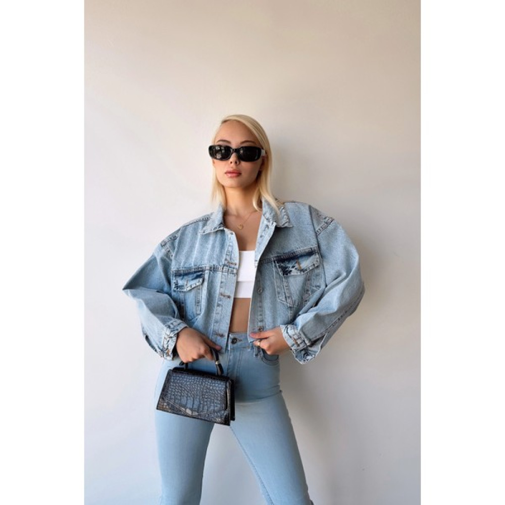 Bacc Buz Mavi Çift Cepli Lazer Kesim Yıkamalı Crop Denim Ceket Bayan Ceket Fiyatı