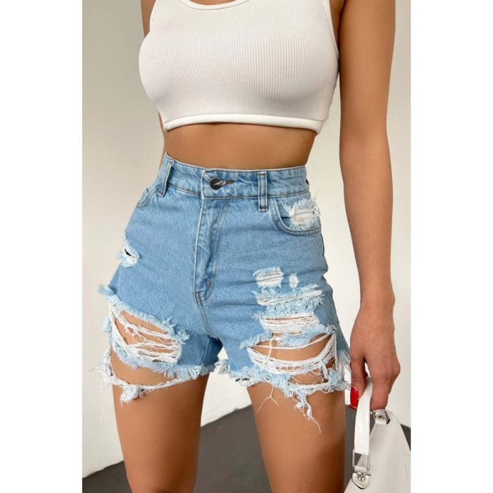 Bacc Buz Mavisi Yıkamalı Lazer Yırtıklı Mini Denim Şort Bayan Şort Fiyatı