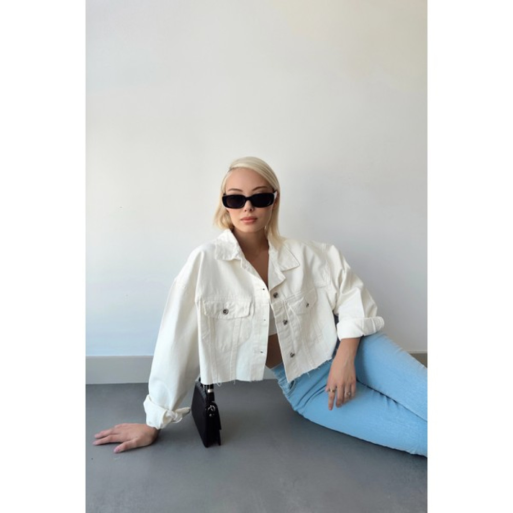 Bacc Ekru Çift Cepli Lazer Kesim Yıkamalı Crop Denim Ceket Bayan Ceket Fiyatı