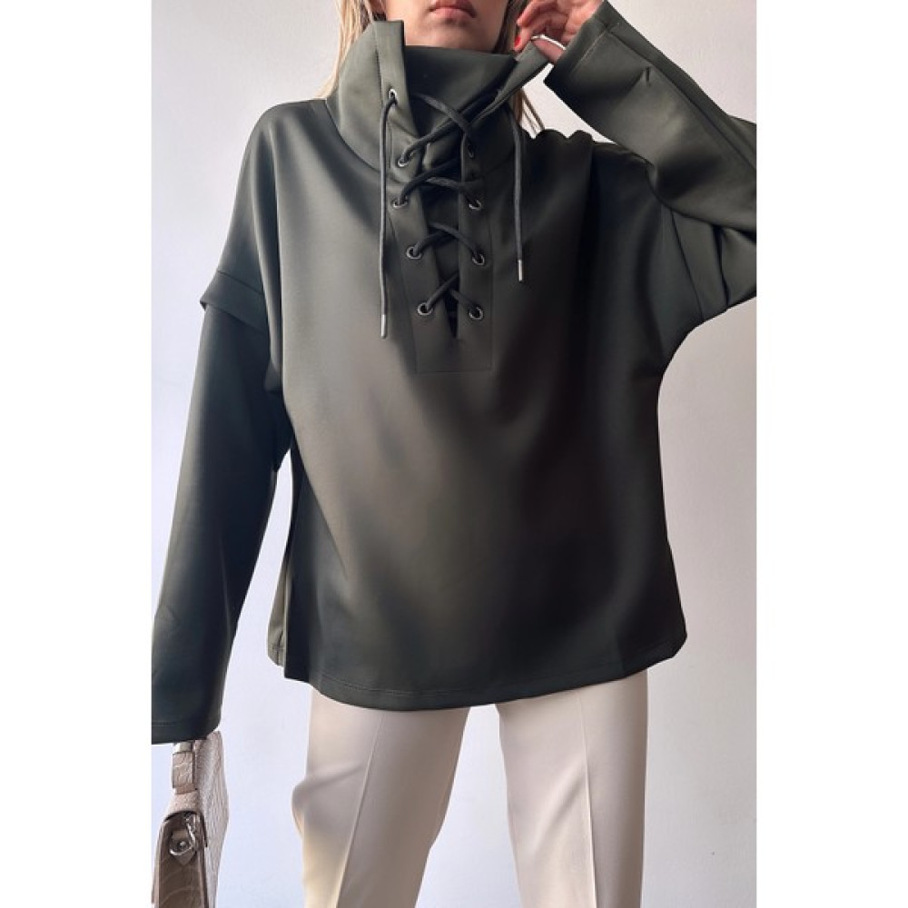 Bacc Haki Dik Yaka Kuş Gözü Bağcıklı Scuba Sweatshirt Bayan Sweatshirt Fiyatı