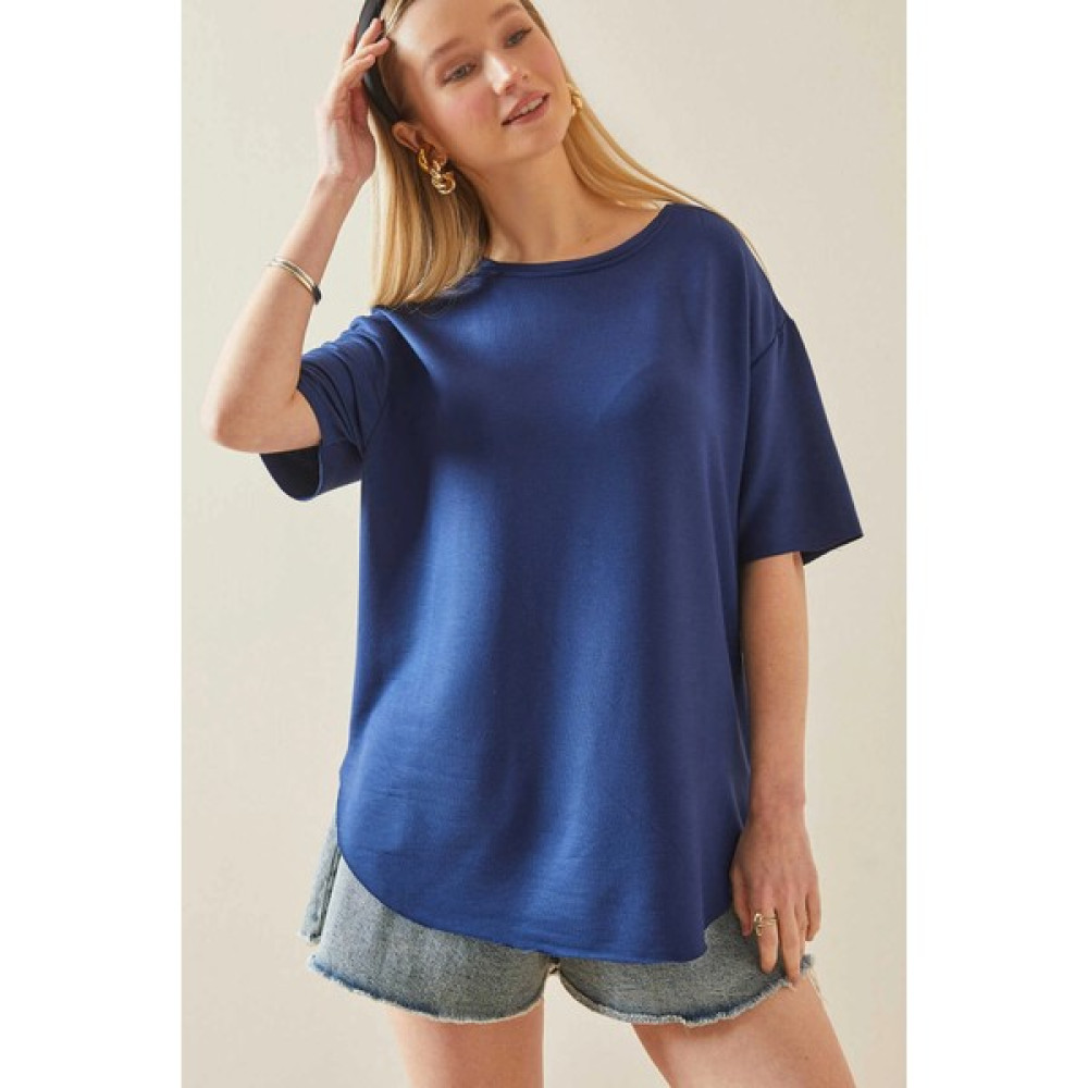 Bacc Lacivert Bisiklet Yaka Oys Modal Oval Kesim Yumuşak Dokulu Basic T-Shirt Bayan T-shirt Fiyatı