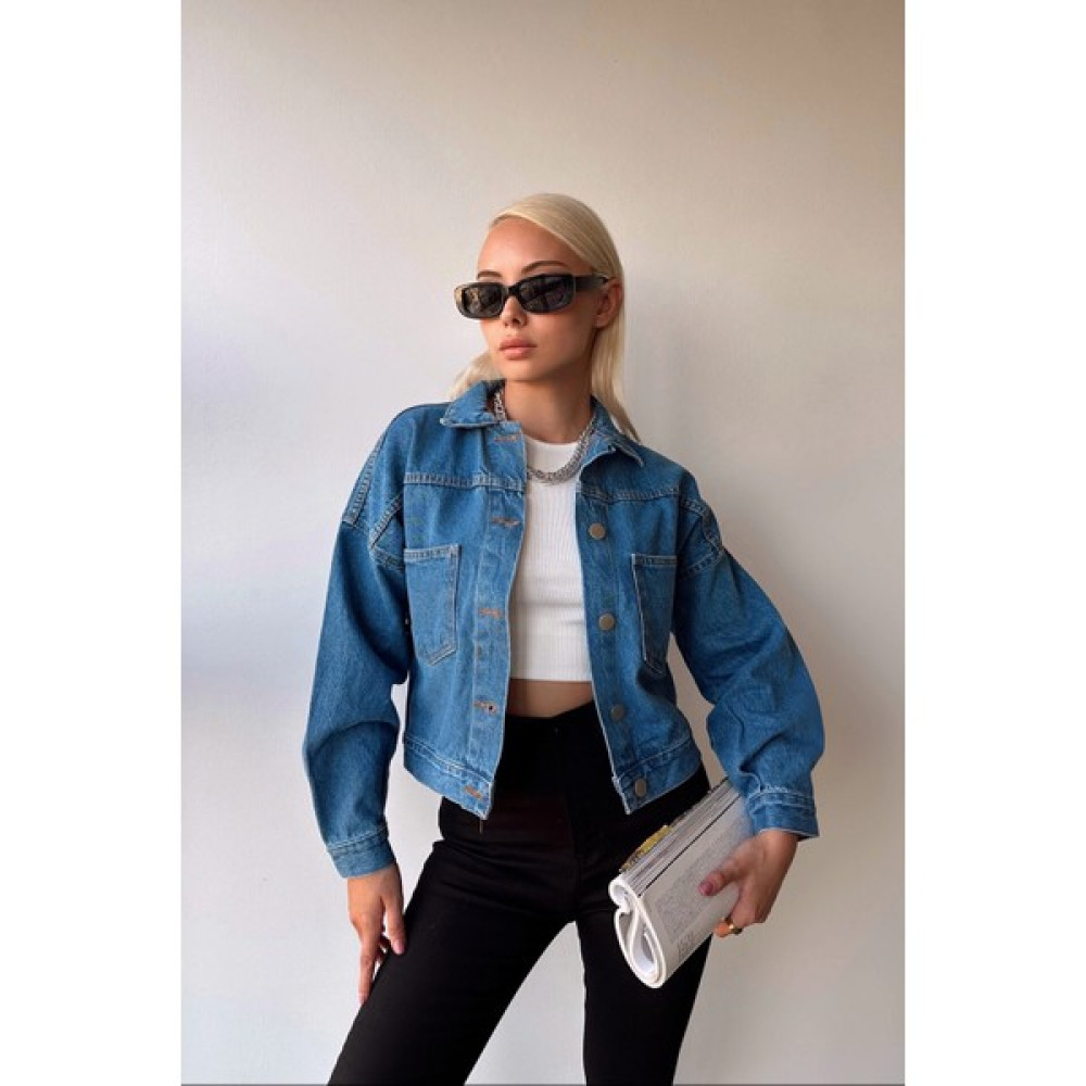 Bacc Mavi Çift Cepli Crop Yıkamalı Denim Ceket Bayan Ceket Fiyatı