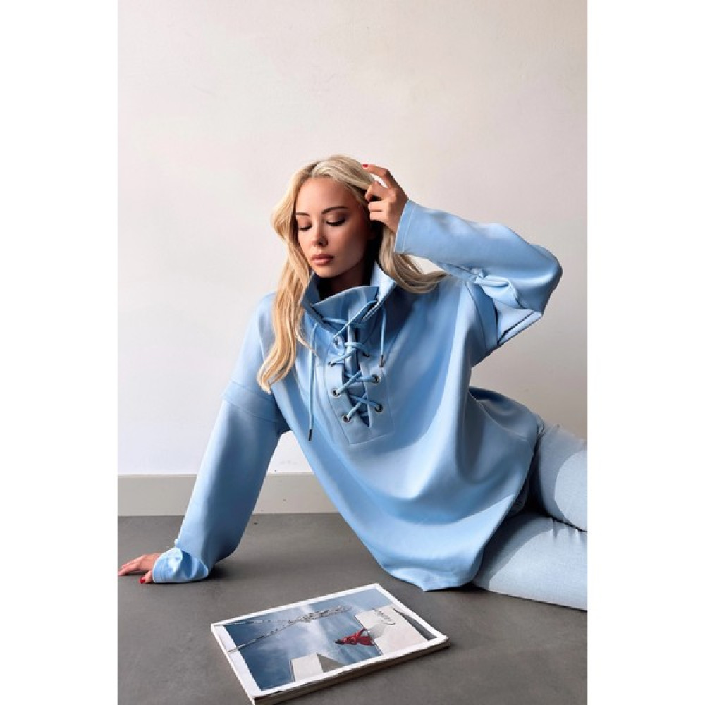 Bacc Mavi Dik Yaka Kuş Gözü Bağcıklı Scuba Sweatshirt Bayan Sweatshirt Fiyatı