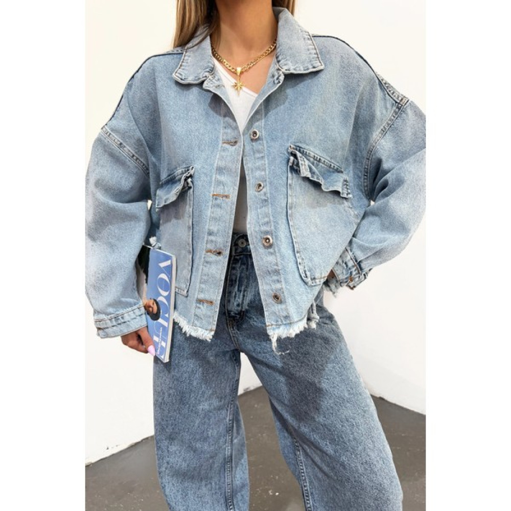 Bacc Mavi Geniş Cepli Oversize Püsküllü Denim Ceket Bayan Ceket Fiyatı