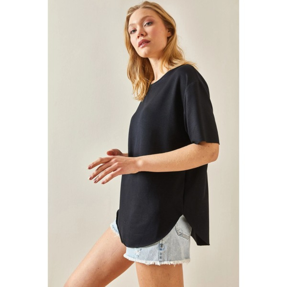 Bacc Siyah Bisiklet Yaka Oys Modal Oval Kesim Yumuşak Dokulu Basic T-Shirt Bayan T-shirt Fiyatı