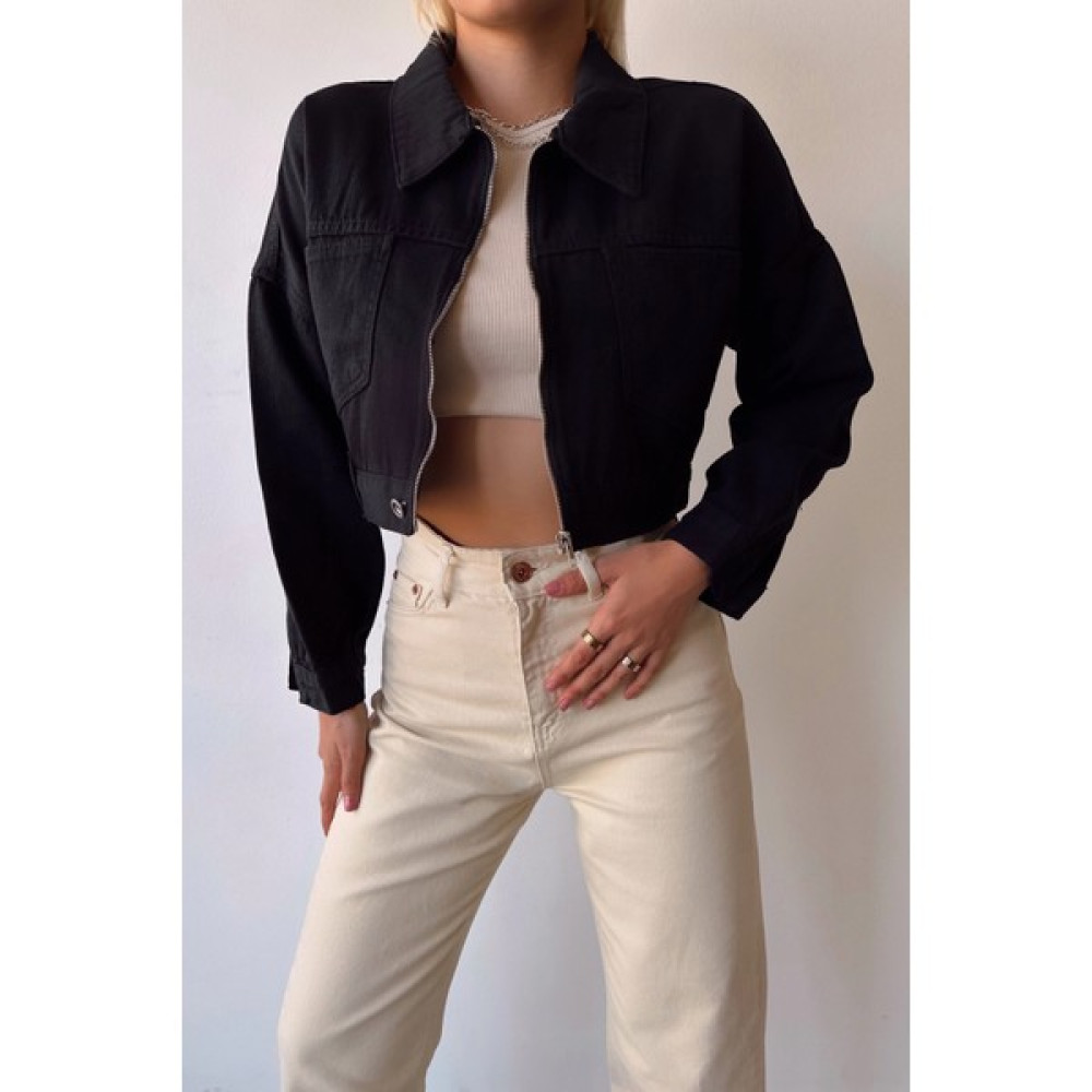 Bacc Siyah Çift Cepli Fermuarlı Yıkamalı Crop Denim Ceket Bayan Ceket Fiyatı
