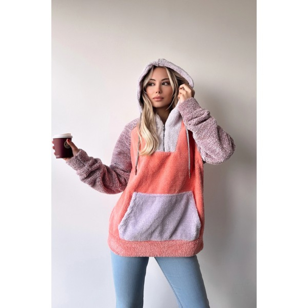 Bacc Yavruağzı Kapüşonlu Kanguru Cepli Fermuarlı Welsoft Kalın Peluş Sweatshirt Bayan Sweatshirt Fiyatı