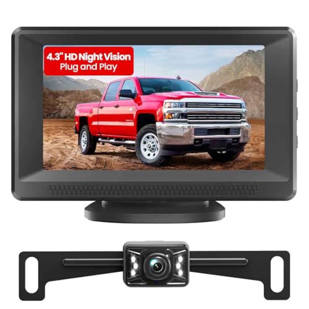 Back Up Camera for Cars Easy Setup Plug & Play: 4.3'' Backup Camera with Stable Signal & No Delay, HD Color Night Vision & IP69K Waterproof Reverse Camera with Monitor for Truck SUV Van Trailer YL43